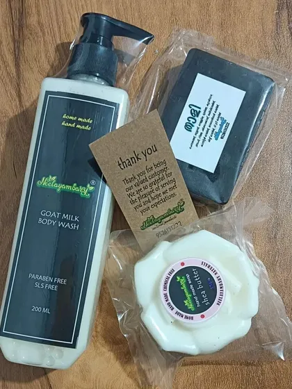 A special combo pack for you. It includes our fragrant Goat Milk Bodywash, a handmade soap, and our popular Thaali Bar for complete, natural body and hair care.