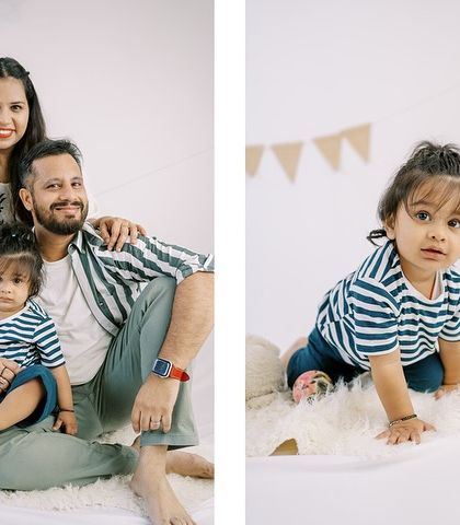 A collage showing a family and their one-year-old in a studio setup. Matching outfits can create a wonderfully cohesive look for your family photos.