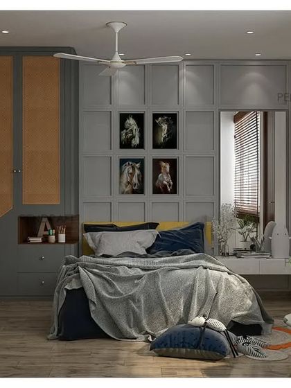 This bedroom concept uses a playful combination of grey and tan-colored rattan on the wardrobe doors, adding texture and a unique design element.