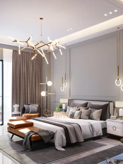 A bedroom should be a personal retreat. We achieved this with a blend of rich textures, layered lighting, and clean lines. The result is a space that speaks of quiet luxury, crafted for comfort and timeless style.