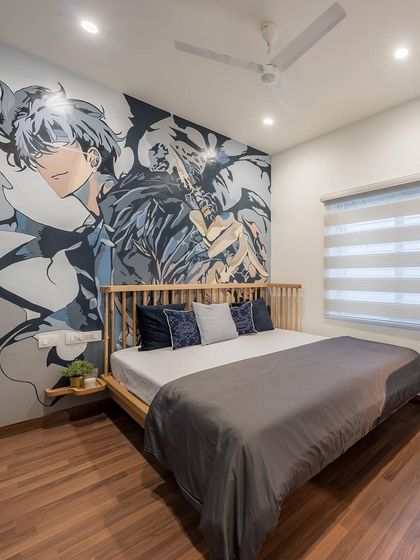 Another angle of the anime mural, showing how it integrates with the bed's headboard to create an immersive experience.