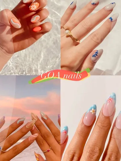 Some "Goa nails" inspo for your next beach vacation. Think bright colors, waves, and floral designs.