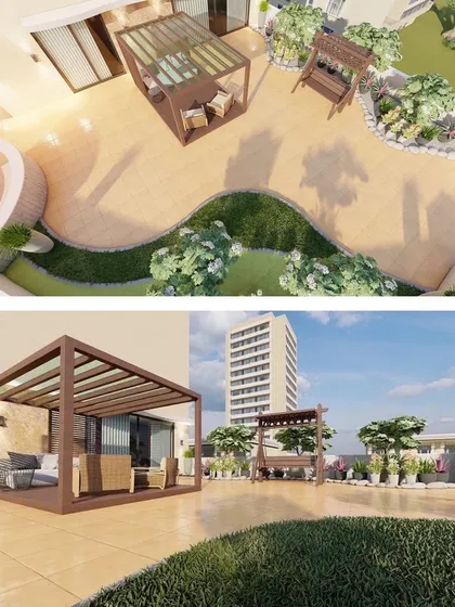 These 3D renders showcase our design for a spacious residential terrace. The plan includes a large open patio with a swing, a covered seating area under a pergola, and soft, curving lawn edges to create a relaxed, flowing space.