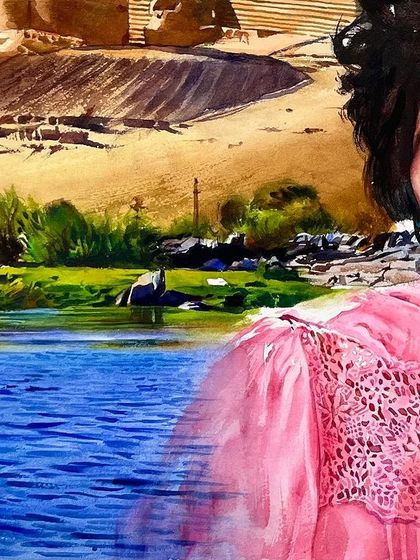 A detail shot from the Asmahan commission, highlighting the landscape and the delicate lace of her dress.