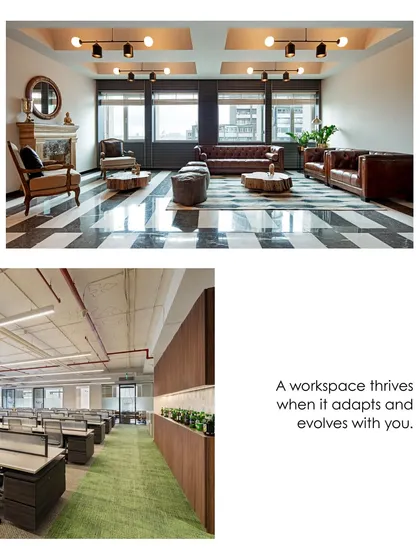 A comparison of different office layouts, from a formal lounge to an open-plan workstation area. This demonstrates our ability to design diverse work environments that can adapt and evolve with a company's needs.