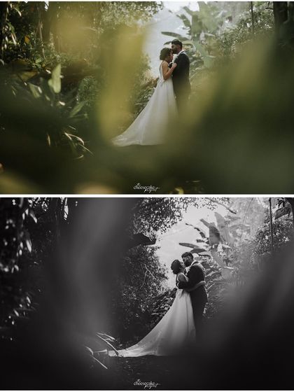 A stunning portrait of a couple in a lush, green forest, shown in both color and black and white.
