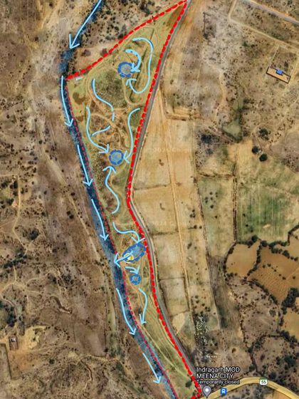 This aerial map shows our comprehensive water conservation strategy for a site near Jaipur. We designed a network of swales, ponds, and check dams to capture monsoon runoff and channel it across the landscape.