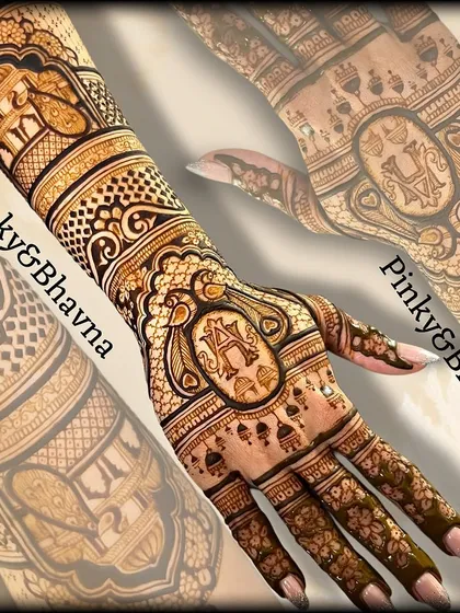 A beautiful collage of a bridal back hand design. This piece features the initial 'A' in an ornate frame, surrounded by elephants and traditional patterns.