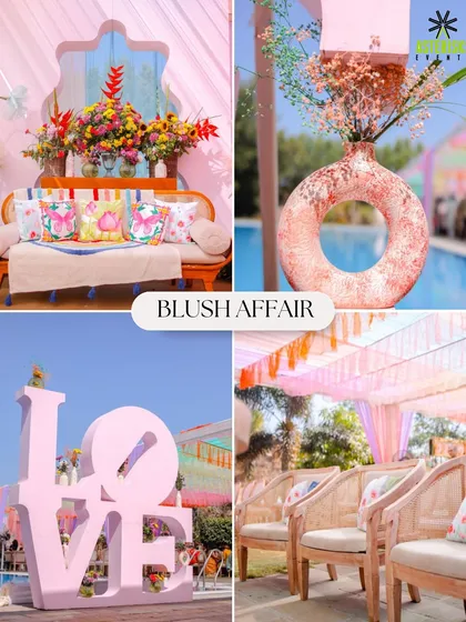 A "Blush Affair" theme, with soft pinks, a large 'LOVE' sign, and whimsical decor elements perfect for a poolside event.
