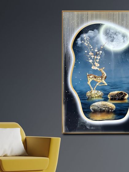 An enchanted golden deer stands by a riverbank under a full moon in this magical crystal glass painting. The water and moonlight are highlighted with crystals, creating a nocturnal wonderland on your wall.