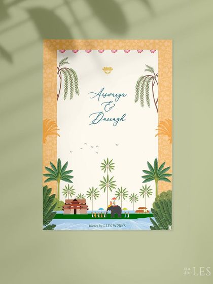 A whimsical illustrated map for the Kerala wedding, showing the backwaters, a traditional houseboat, and palm trees. This card sets a playful and informative tone for the destination event.