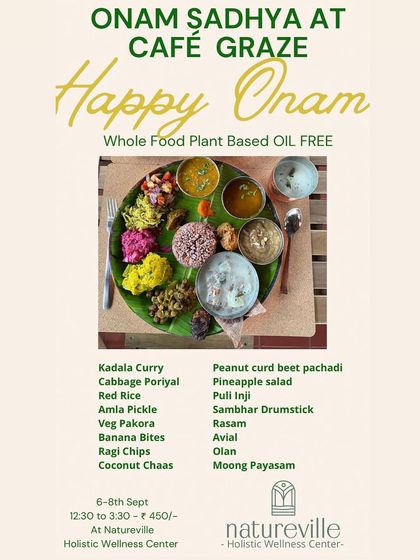 The menu for our special Onam Sadhya feast. I love recreating traditional festive meals in a way that is both authentic in flavor and incredibly healthy, featuring dishes like Kadala Curry, Pineapple Salad, and Moong Payasam.