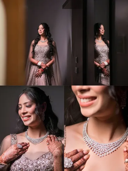 A collage of the bride getting ready, presented in classic black and white. It captures her expressions and the details of her diamond necklace.
