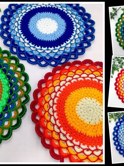 I am just in love with these colorful projects. This collage showcases the variety of patterns and color combinations I offer for my multipurpose doilies.