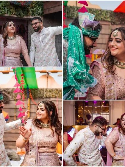 The energy of the dance floor during the Mehendi celebrations. This collage captures the couple's fun-loving spirit as they dance with friends and family, including the traditional wrapping of money on the groom's turban.