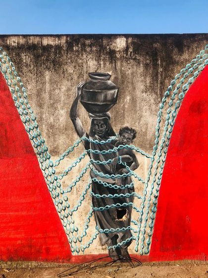 Each panel of the 'Stories of Water' mural tells a different part of the story. From the farmer dependent on the rains to the children playing in floodwaters, the artwork depicts the complex and often contradictory realities of water access and urbanization in our city.