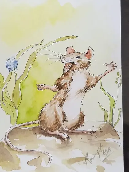 A finished character illustration of a cheerful mouse, created using pen and watercolor. This is a great example of the storytelling and illustration techniques we explore.