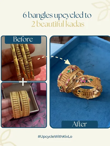 Six old, unworn gold bangles were combined and reimagined into two stunning, heavy kadas. This shows how we can create bold, timeless pieces that every generation will love to wear, without melting a single gram of gold.