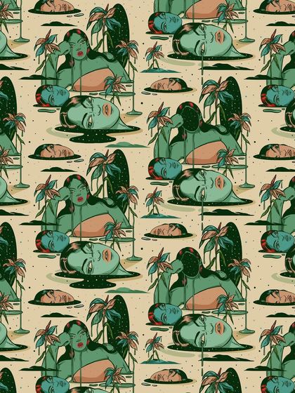 'Emotional Ecosystems: Sadness,' a seamless pattern that visualizes melancholy as a landscape of floating, crying figures and tropical plants.