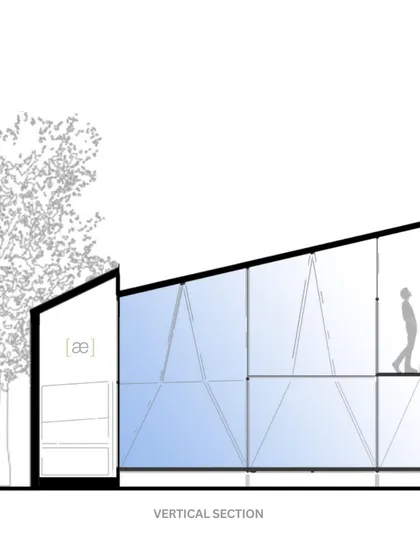 A vertical section drawing of our "Parasite" micro-home concept. This drawing illustrates the two-level living space enclosed within a lightweight, glazed structure designed for minimal environmental impact.