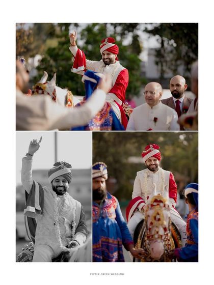 A collage showing the groom's grand entrance on a horse during the baraat, a key tradition in a North Indian wedding.