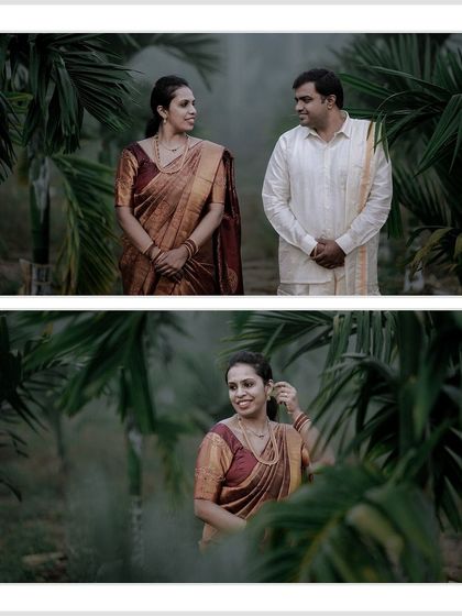 A simple, candid moment of a couple in a lush, green setting. This diptych shows both their interaction and a beautiful solo portrait of the woman.