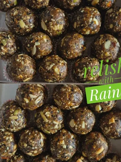 My special Biotin Laddoos, designed to support healthy hair, skin, and nails. They are packed with a variety of nuts and seeds like almonds, walnuts, pumpkin seeds, flax seeds, and chia seeds, all bound with dates.