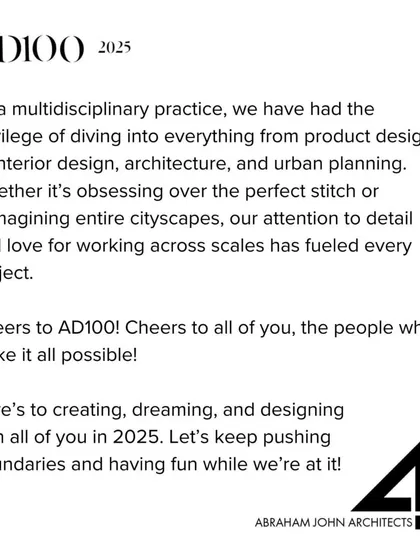 A note of thanks for our inclusion in the AD100 2025 list. We are a multidisciplinary practice fueled by a passion for design and an obsession with detail, and we are grateful for the recognition.