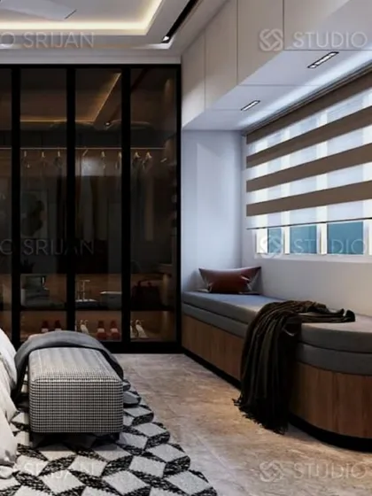 Another view of the closet and window seat, showing how this functional space is also designed for comfort and relaxation.