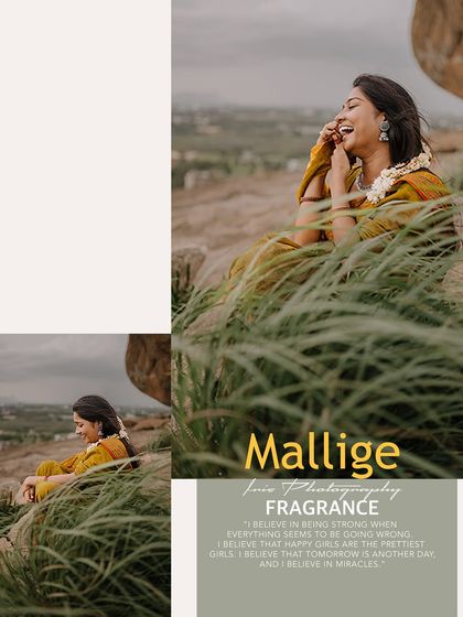 A candid, joyful moment from the "Mallige" series. The natural laughter and outdoor setting on the rocks make for a beautiful lifestyle portrait.