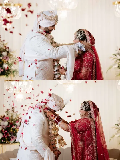 A two-part collage of the jaimala ceremony. It captures the playful and romantic exchange of garlands under a shower of rose petals.