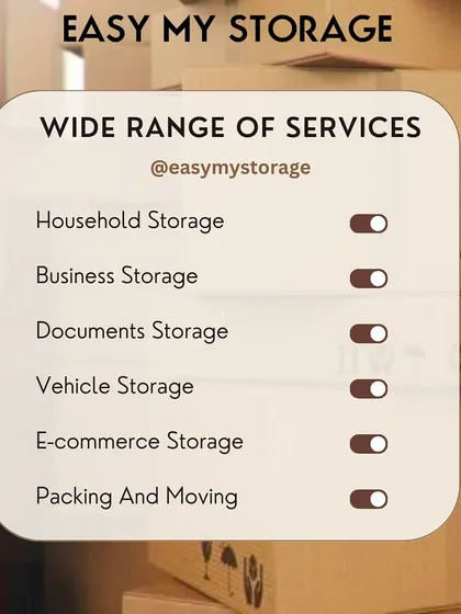 This graphic showcases our wide range of services. From household and business storage to document, vehicle, and e-commerce solutions, plus packing and moving, we are here to simplify your life.