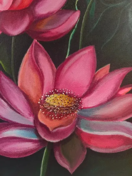 A close-up of the "Symphony of Lotus Blooms" painting. The artist used fine brushwork and texturing techniques to create the delicate stamen, adding a layer of realism to the vibrant petals.