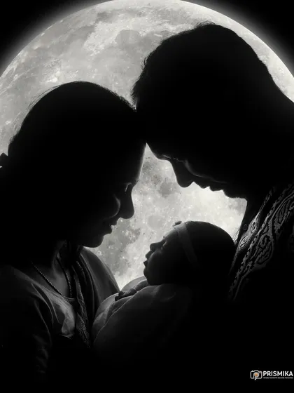 Our signature silhouette portraits are all about emotion and connection. Here, against the soft glow of the moon, we captured the quiet, intimate moment of new parents adoring their baby, creating a timeless piece of art.