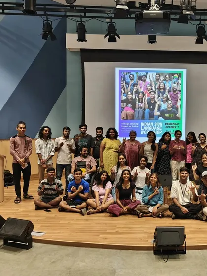 A group photo with the wonderful students and staff of Azim Premji University after our ISL workshop. The session sparked meaningful conversations about including Deaf individuals in education.
