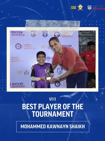 Mohammed Kawnayn Shaikh receiving the Best Player of the Tournament award for the U11 category at the SSE BFC Champions League.