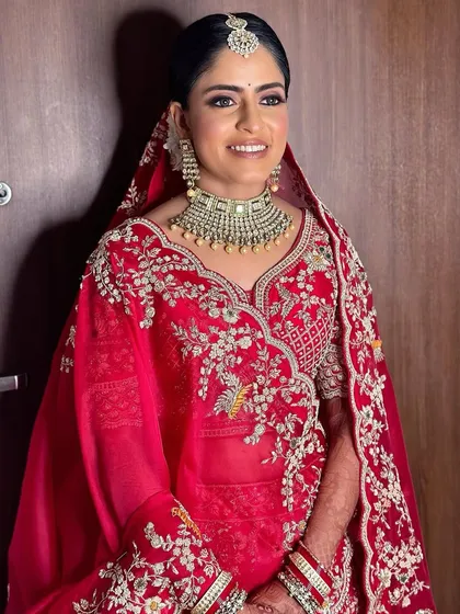 Bridal dreams in red. Surabhi looked absolutely radiant for her wedding. I kept her makeup classic and elegant with a focus on glowing skin to match her beautiful organza lehenga.