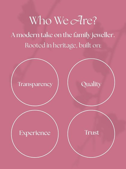 Who are we? We are a modern take on the family jeweller, rooted in heritage and built on the core principles of transparency, quality, experience, and trust.