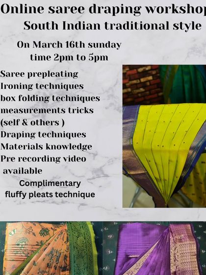 A March workshop flyer showing the range of topics, including ironing techniques and fluffy pleats.