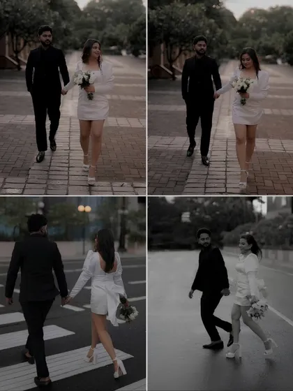 Four different perspectives of the couple's walk through the city. This collage shows their interaction from different angles, highlighting their stylish outfits and the romantic, almost monochrome feel of the early morning light.