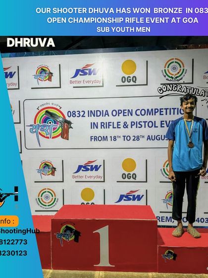 Our shooter Dhruva celebrating his bronze medal win in the sub-youth men's rifle event at the India Open Competition in Goa.