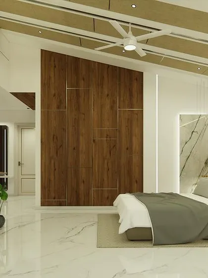 A similar view of the master bedroom, showcasing the blend of wood, marble, and soft lighting.