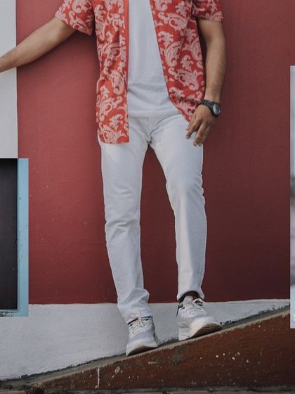 A collage showcasing the groom's style and the couple's connection, set against a bold, colorful wall.