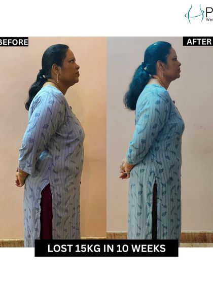 Shobha lost 15 kg in 10 weeks, and her fat percentage dropped from 43% to 32%. This highlights our focus on losing fat, not just weight.
