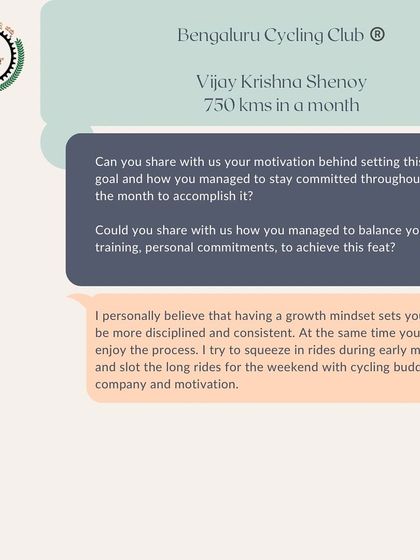 Vijay Krishna Shenoy shares his belief in having a growth mindset, staying disciplined, and enjoying the process of cycling with buddies for company and motivation.