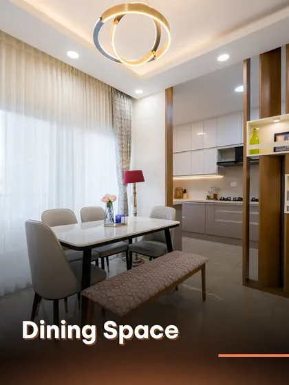 This elegant dining space is designed for both family meals and entertaining guests. The modern dining table is paired with a comfortable bench and chairs, all under a stylish chandelier, with a wooden partition offering a glimpse into the kitchen.
