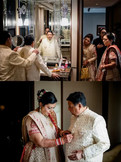 A collage of the couple getting ready together for their 50th-anniversary celebration, helping each other with the final touches.