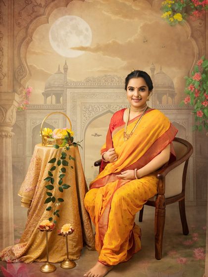 A serene solo portrait of a mother-to-be seated in a classic pose. Dressed in a traditional yellow saree, she radiates a calm and confident glow against the artistic, palace-inspired backdrop.