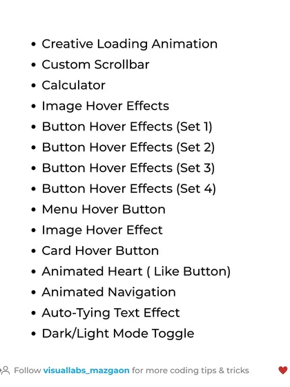 This list includes ideas for practicing animations and user interactions, such as custom scrollbars, button hover effects, and an auto-typing text effect.