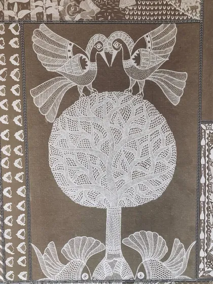 This panel highlights the beautiful animal and nature motifs common in Indian folk art, like the birds perched on the tree of life.